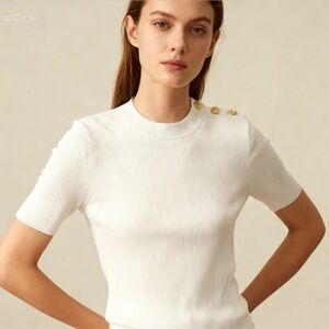 Tory Burch ribbed short sleeves top with Gold Button